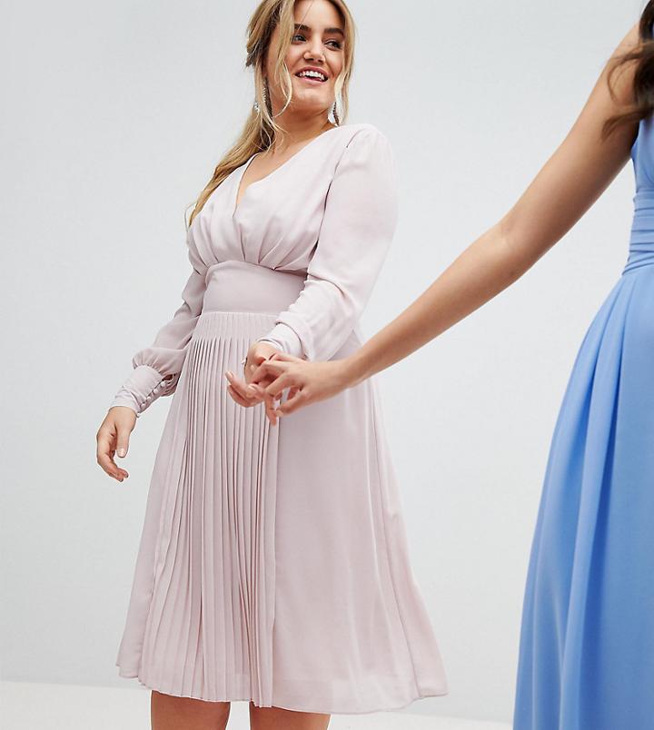 Tfnc Plus Wedding Long Sleeve Midi Dress With Pleated Skirt - Brown