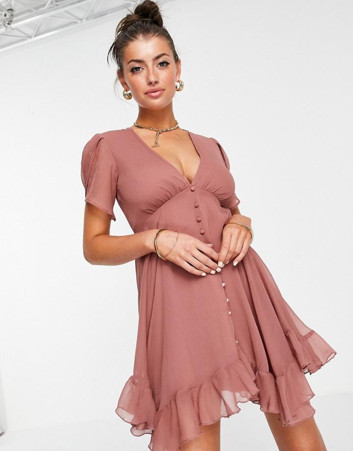 Asos Design Button Through Mini Dress With Drape Sleeve-pink