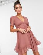 Asos Design Button Through Mini Dress With Drape Sleeve-pink