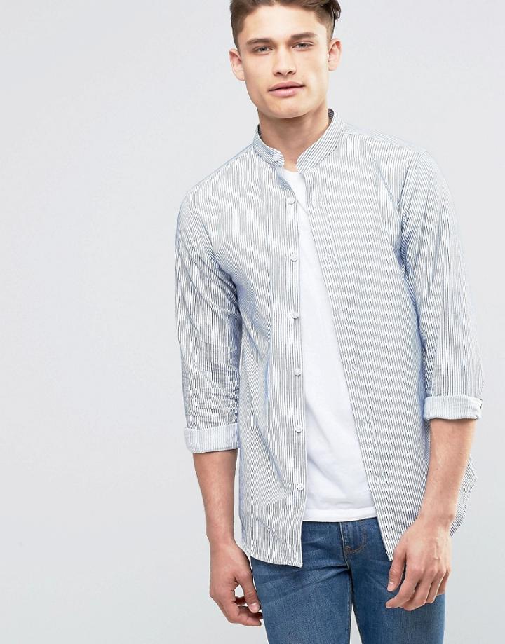 Selected Homme Shirt With Grandad Collar And Fine Stripe - Blue