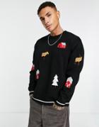 Asos Design Knitted Christmas Sweater With Embroidery Shapes In Black