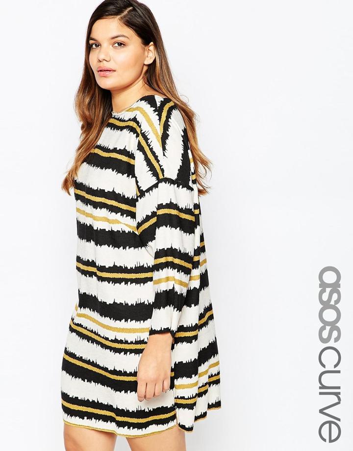 Asos Curve Shift Dress In Scribble Stripe With Raw Edge - Multi