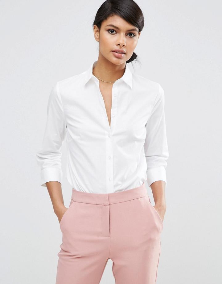 Asos 3/4 Sleeve White Shirt In Stretch Cotton - White