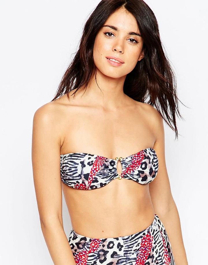 South Beach Roar Print Bandeau With U Bar And Stone Detail Bikini Top - Roar Print