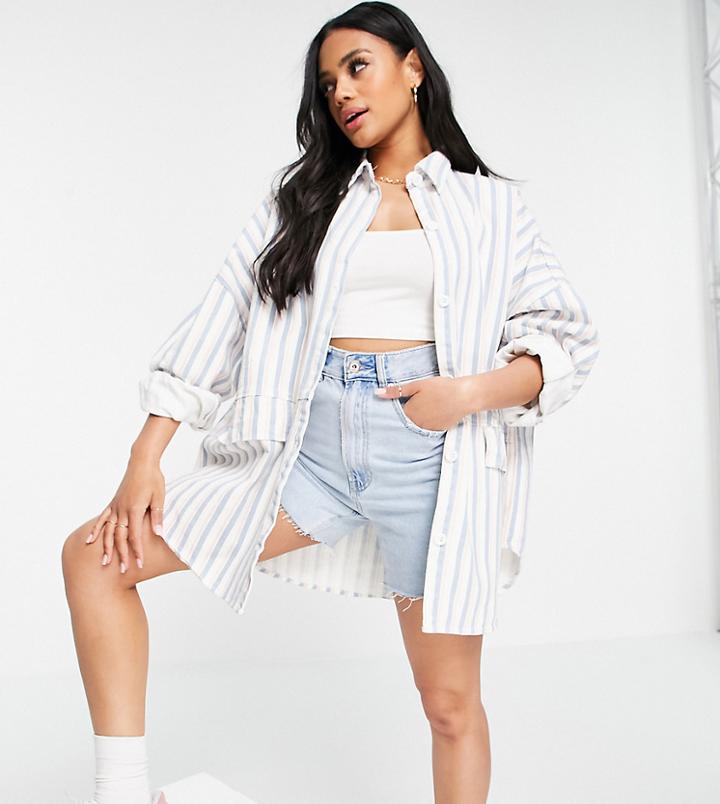 Missguided Set Oversized Denim Shirt In Blue Stripe-multi