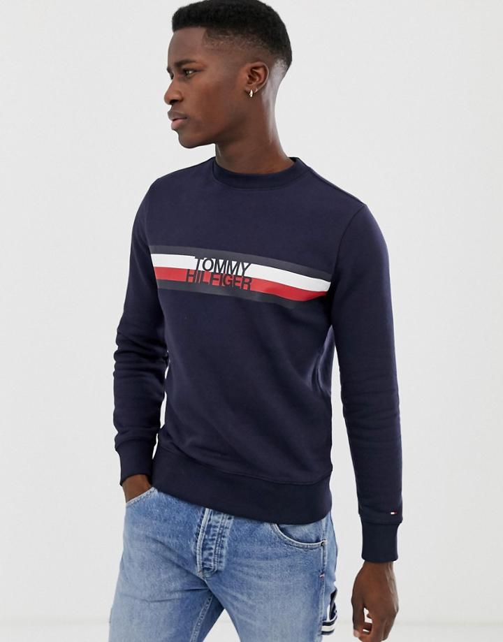 Tommy Hilfiger Chest Icon Stripe Logo Crew Neck Sweatshirt In Navy - Navy