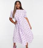 Lost Ink Plus Midi Smock Dress With Tie Front In Pretty Floral-purple