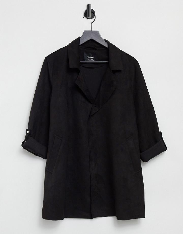 Pull & Bear Faux Suede Duster Coat In Black