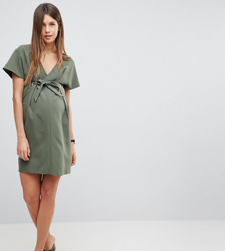 Asos Maternity V Neck Column Mini Dress With Eyelet And Tie - Green