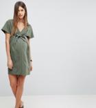 Asos Maternity V Neck Column Mini Dress With Eyelet And Tie - Green