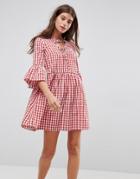 Asos Lace Up Gingham Smock Dress With Fluted Sleeve - Multi
