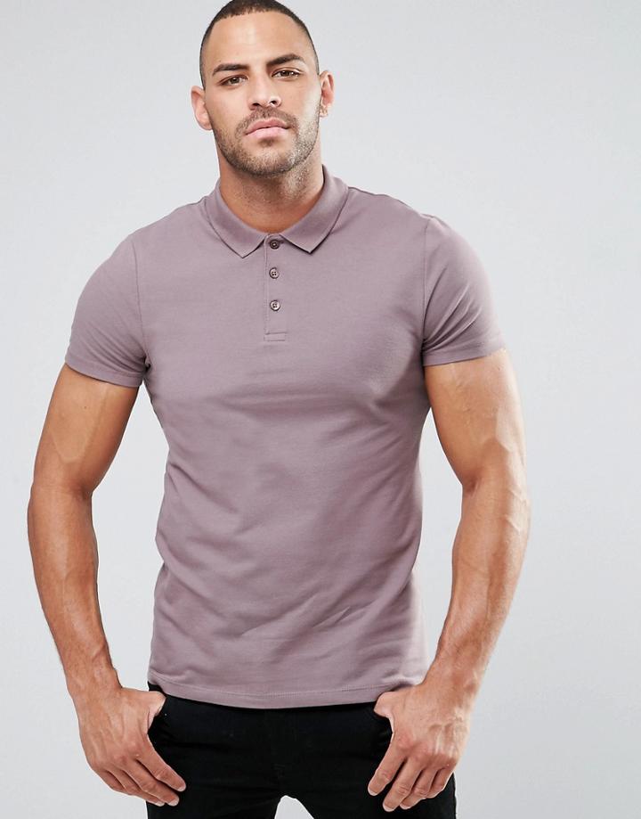 Asos Muscle Pique Polo Shirt In Violet Gray - Purple