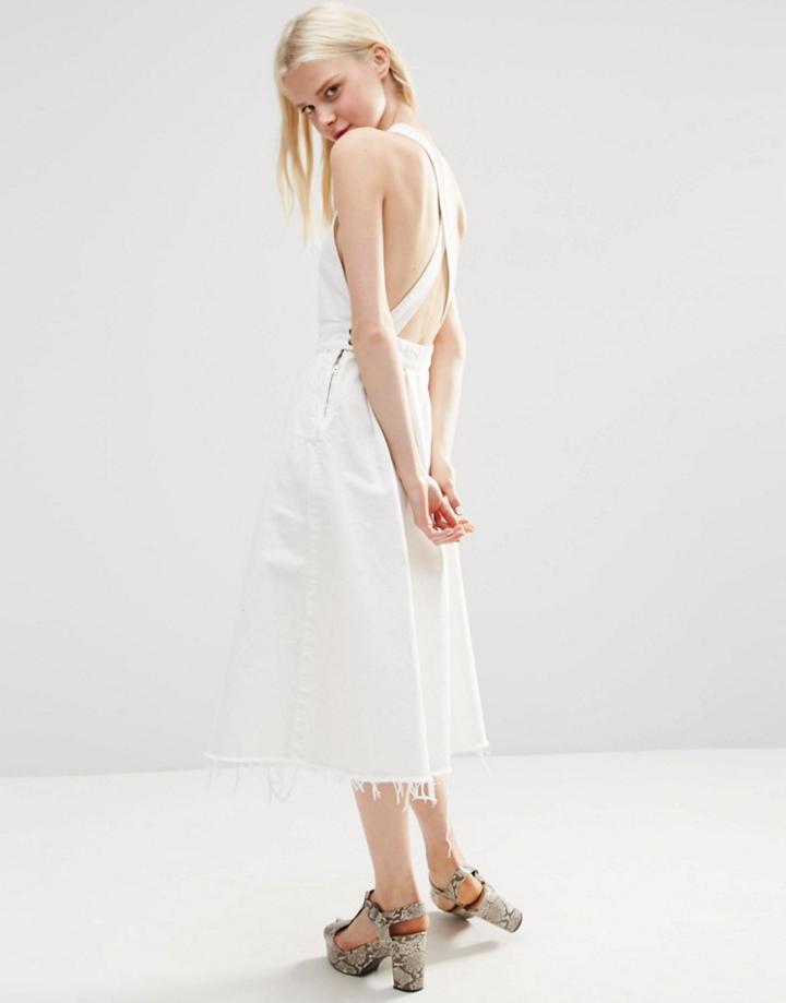 Asos Denim Cross Back Midi Dress In Off White With Raw Hem