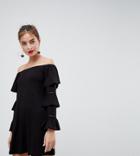 Asos Petite Off Shoulder Mini Sundress With Flamenco Sleeves - Black