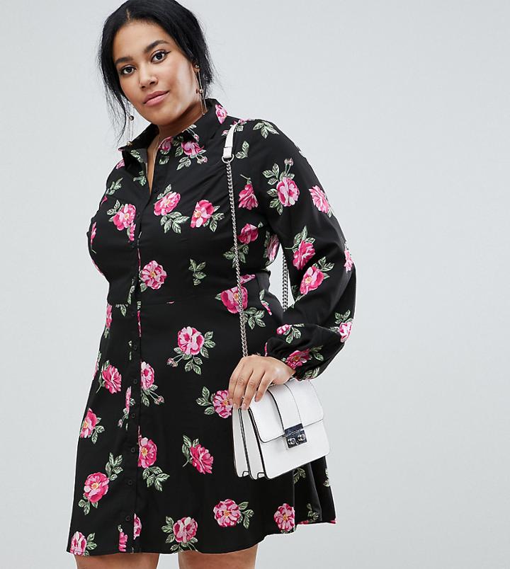Influence Plus Floral Skater Shirt Dress - Black
