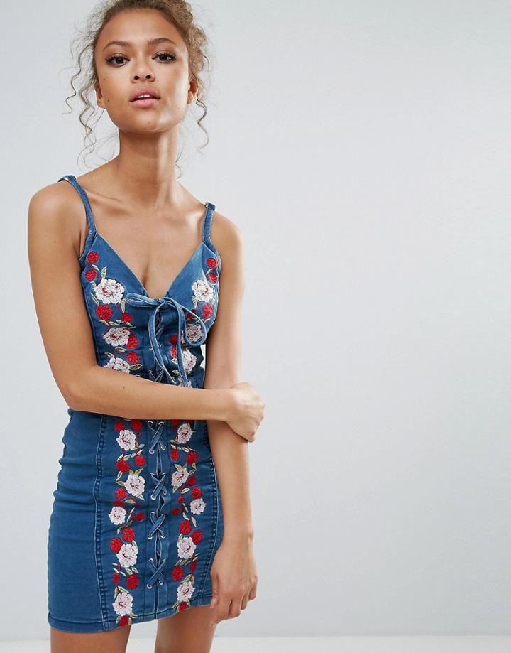 Parisian Embroidered Denim Dress - Blue