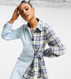 Missguided Denim Dress With Tie Waist In Blue Contrast Check-blues