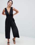 Asos Design Ruched Waist Plunge Jumpsuit - Black