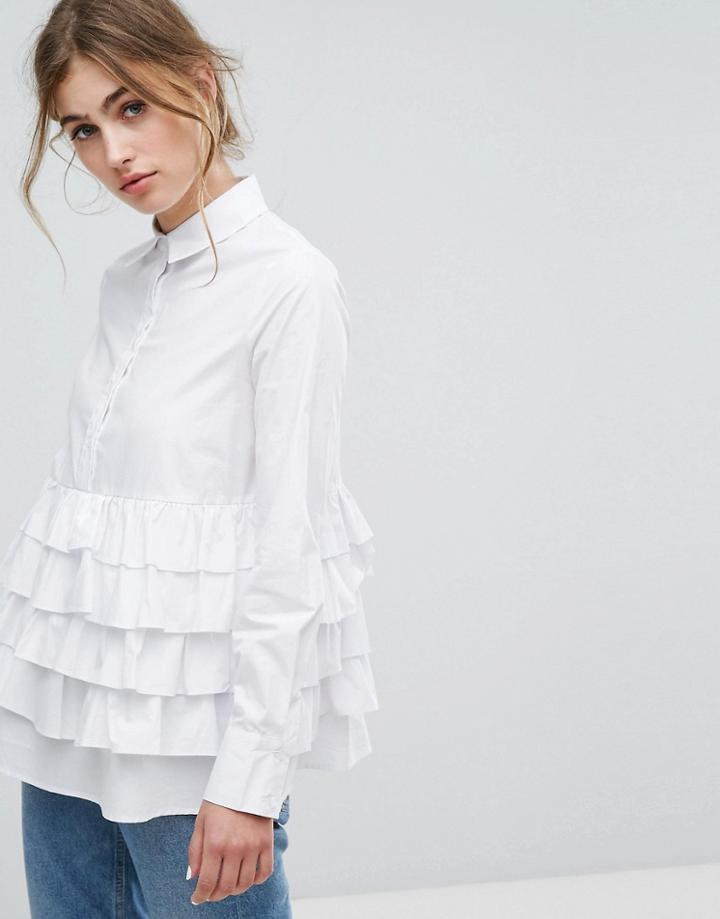 Lost Ink Shirt With Tiered Ruffle Hem - White