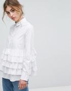 Lost Ink Shirt With Tiered Ruffle Hem - White