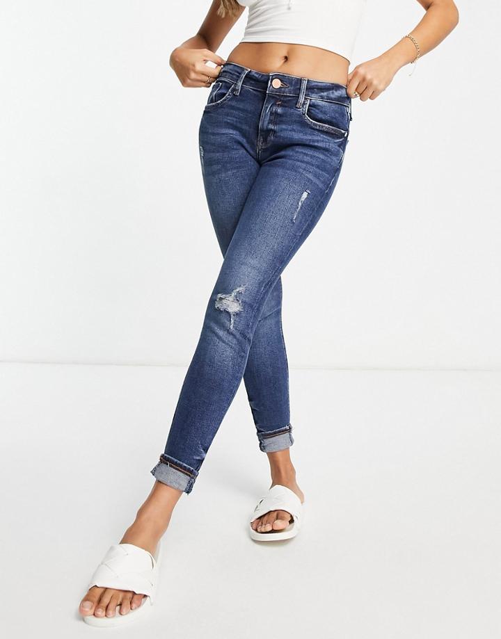 River Island Mid Rise Turnup Skinny Jeans In Mid Blue