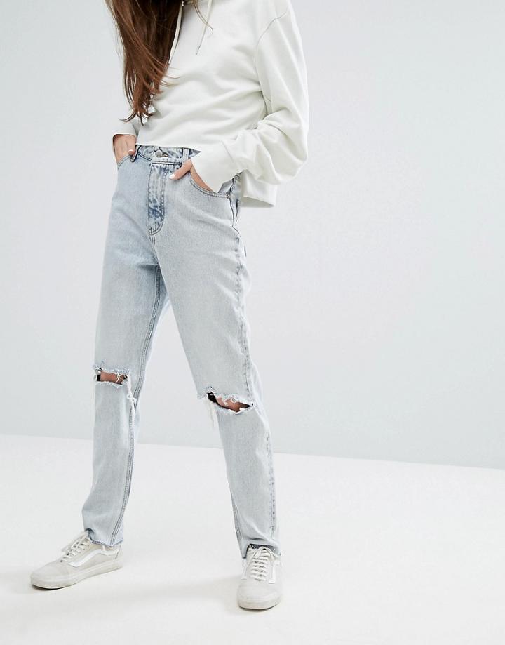 Cheap Monday High Waisted Straight Leg Jean With Busted Knee And Raw Hem - Blue