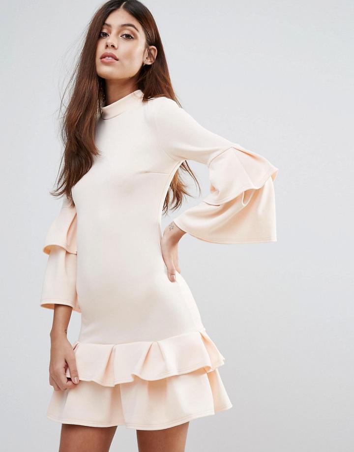 Club L High Neck Double Ruffle Dress - Beige
