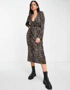 Asos Design Midi Wrap Dress With Belt In Leopard Print-multi