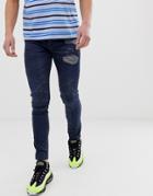 Asos Design Super Skinny Biker Jeans In Dark Blue Wash With Abrasions - Blue