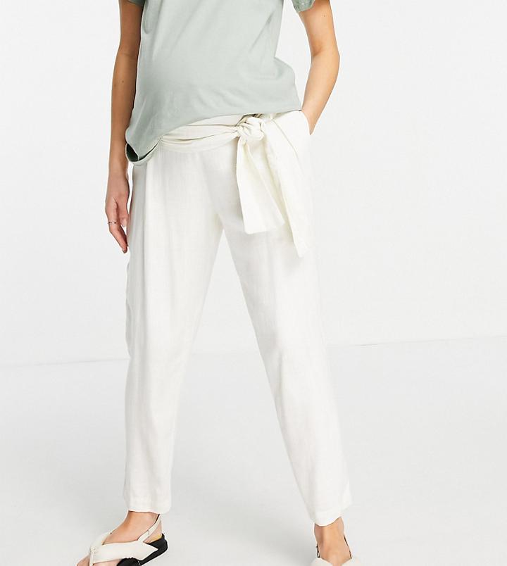 Asos Design Maternity Belted Tapered Linen Pants In Cream-white