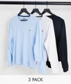 Hollister 3 Pack Long Sleeve T-shirts In Black, Blue, White With Logo-multi
