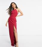 Vesper Petite Halterneck Maxi Dress With Thigh Split In Deep Raspberry-red