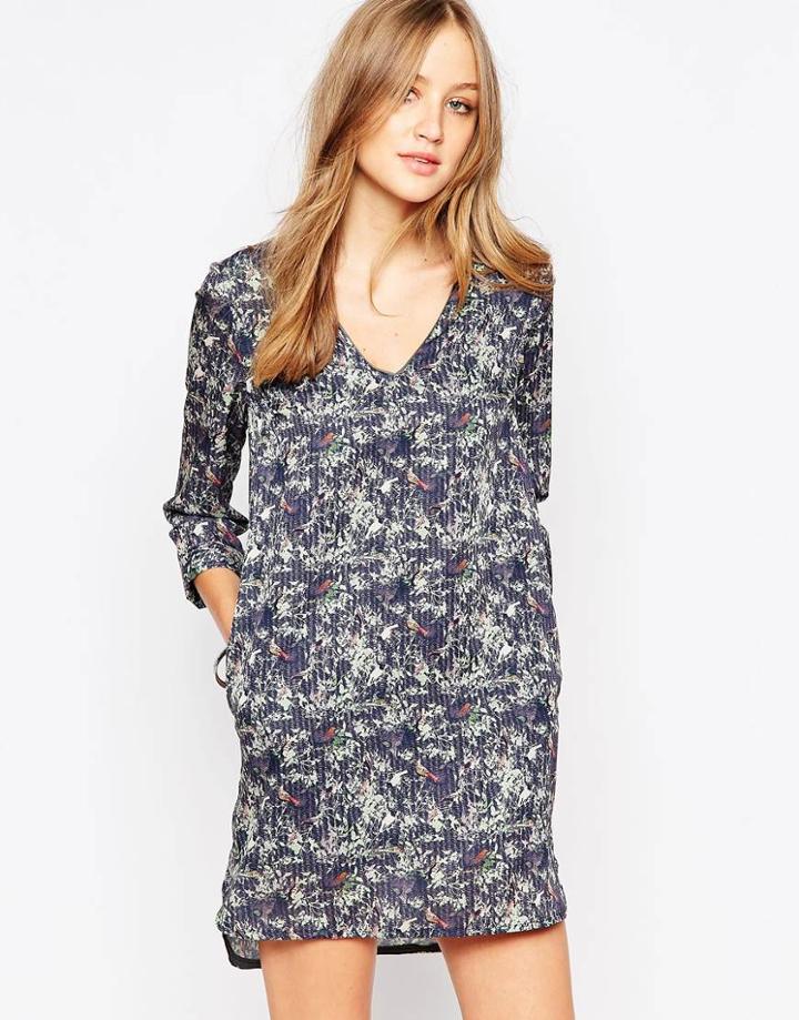 See U Soon Button Frint Shift Dress In Bird Print - Light Green