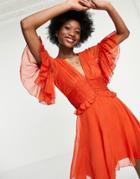 Asos Design Flutter Sleeve Midi Dress With Pleated Waist And Button Detail In Rust-red