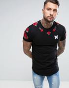 Good For Nothing T-shirt In Black With Embroidered Roses Sleeves - Black