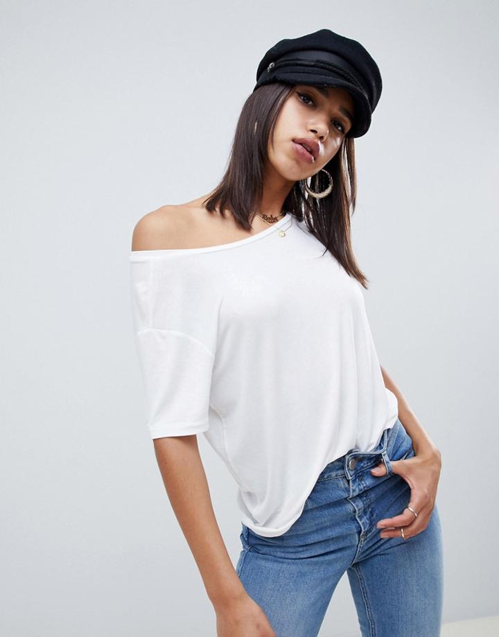 Asos Design Off Shoulder Top With Short Sleeve In Drapey Fabric In White - White
