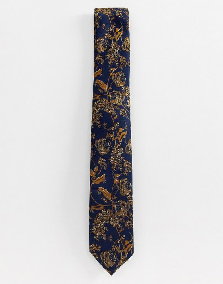 New Look Tie With Floral Detail In Gold - Yellow