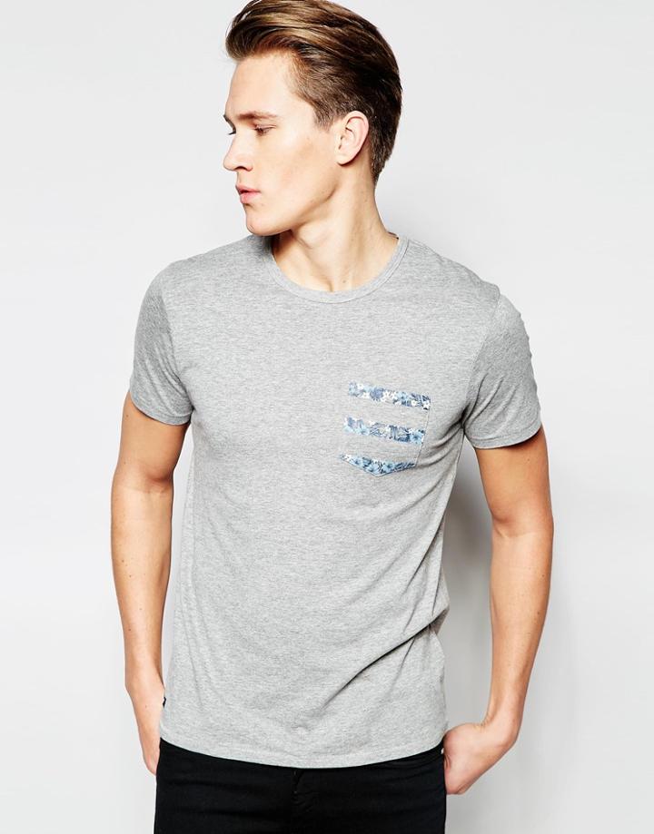 Threadbare Contrast Floral Pocket T-shirt - Gray