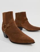 Asos Design Cuban Chelsea Boots In Tan Suede With Buckle Detail - Tan