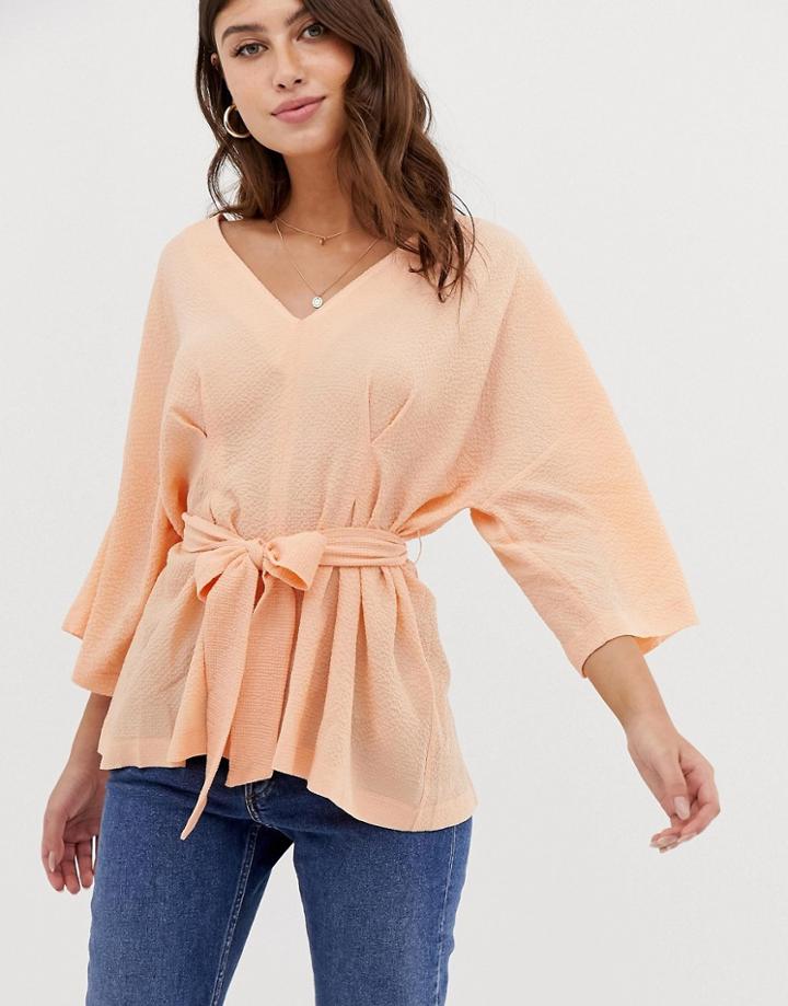 Asos Design Textured 3/4 Sleeve Oversized Top With V Neck And Tie Waist - Pink