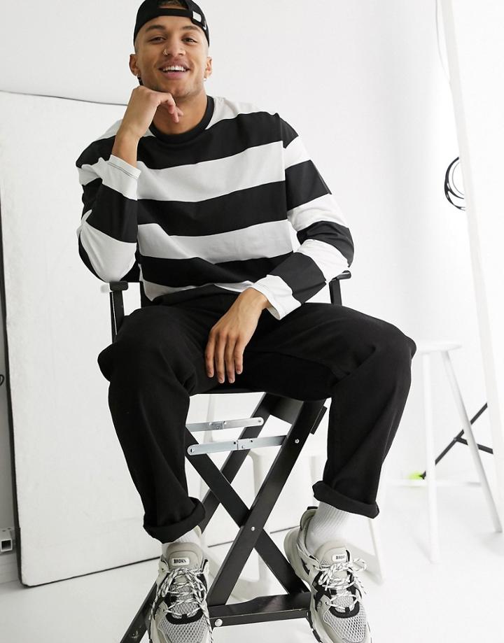 Asos Design Oversized Long Sleeve T-shirt In Wide Black Stripes