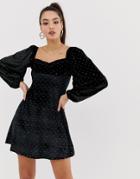 Asos Design Studded Velvet Mini Dress With Sweetheart Neck-black