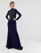 Virgos Lounge All Over Embellished Long Sleeve Maxi Dress In Navy - Blue