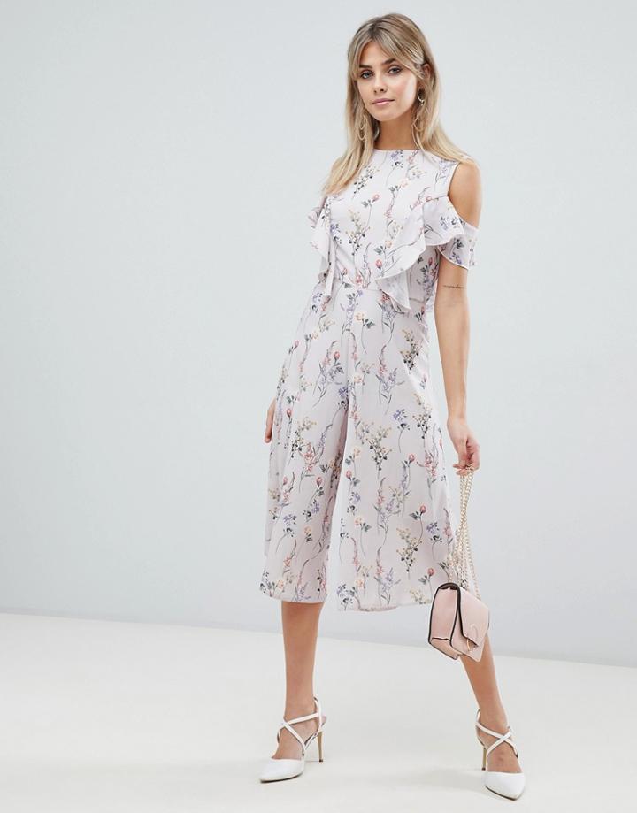 Love Ditsy Floral Print Skater Jumpsuit With Ruffle Detail - Gray