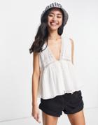 Asos Design Button Through Smock Tank Top With Lace Insert In White