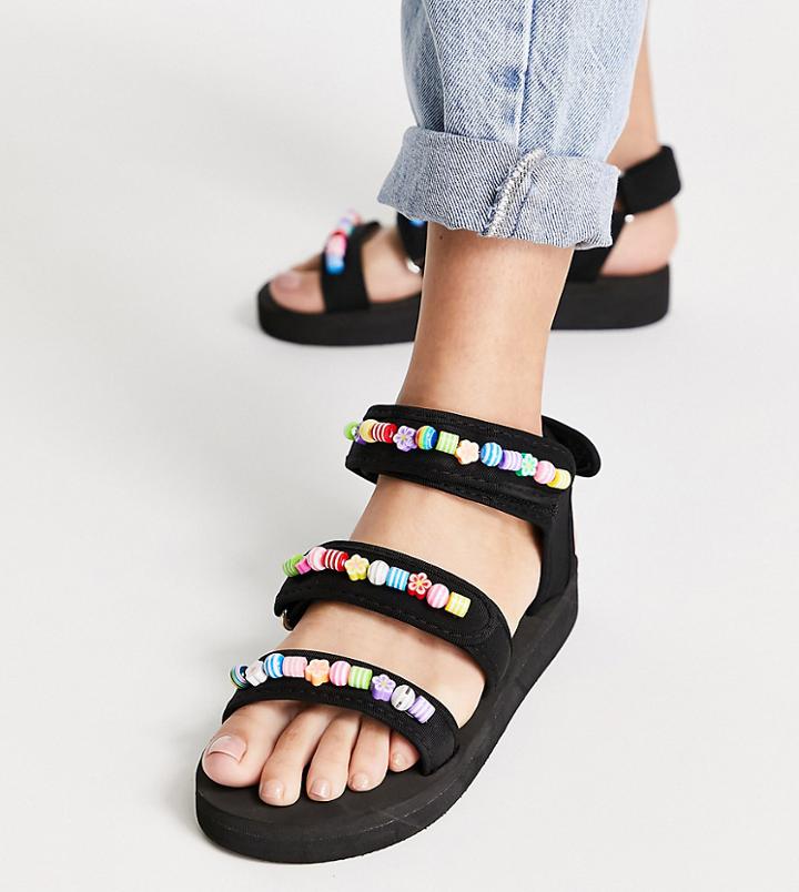 Asos Design Wide Fit Forget Me Not Sporty Sandals With Beads In Black-multi