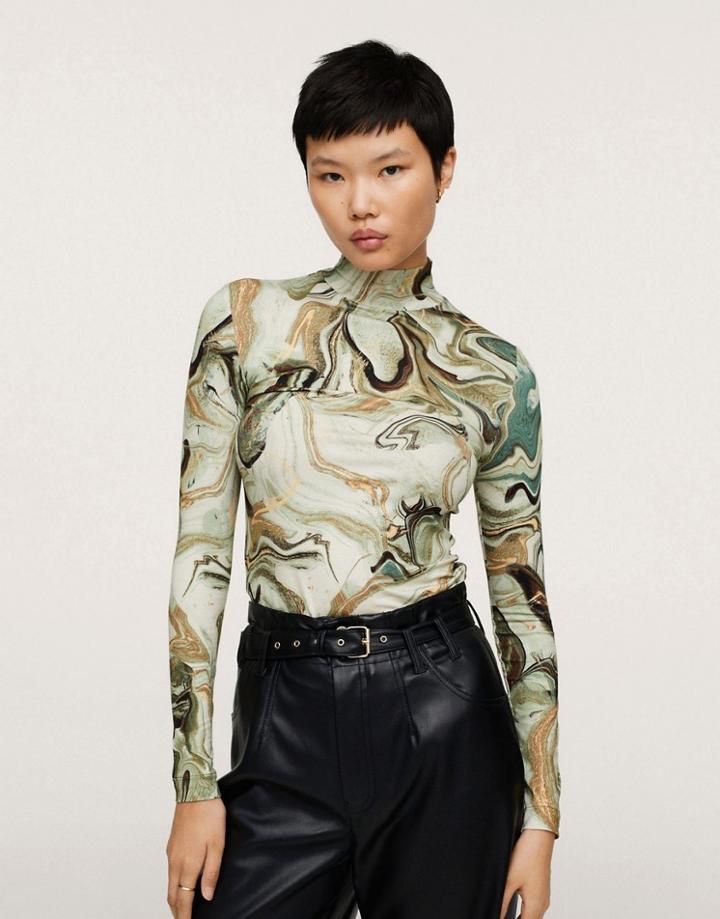 Mango Long Sleeved Mesh Top In Marble Print In Green