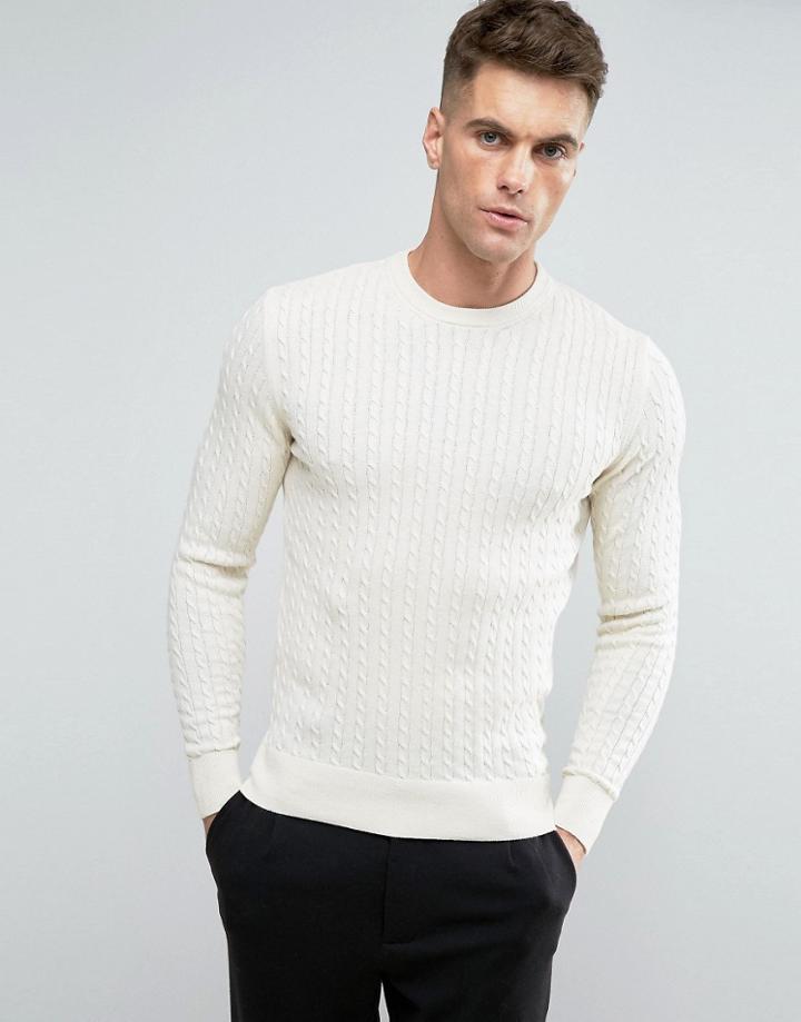 Selected Cotton Flat Cable Knit Sweater - Cream