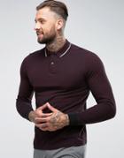Fred Perry Slim Fit Long Sleeve Tipped Oxford Weave Polo In Burgundy - Red