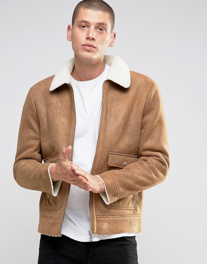 Brave Soul Faux Shearling Sherpa Collar Jacket - Tan